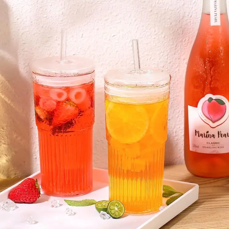 Hot Sale 32oz Transparent Stone Pattern Glass Straw Cup Mugs Coffee Water Clear Glass Cups
