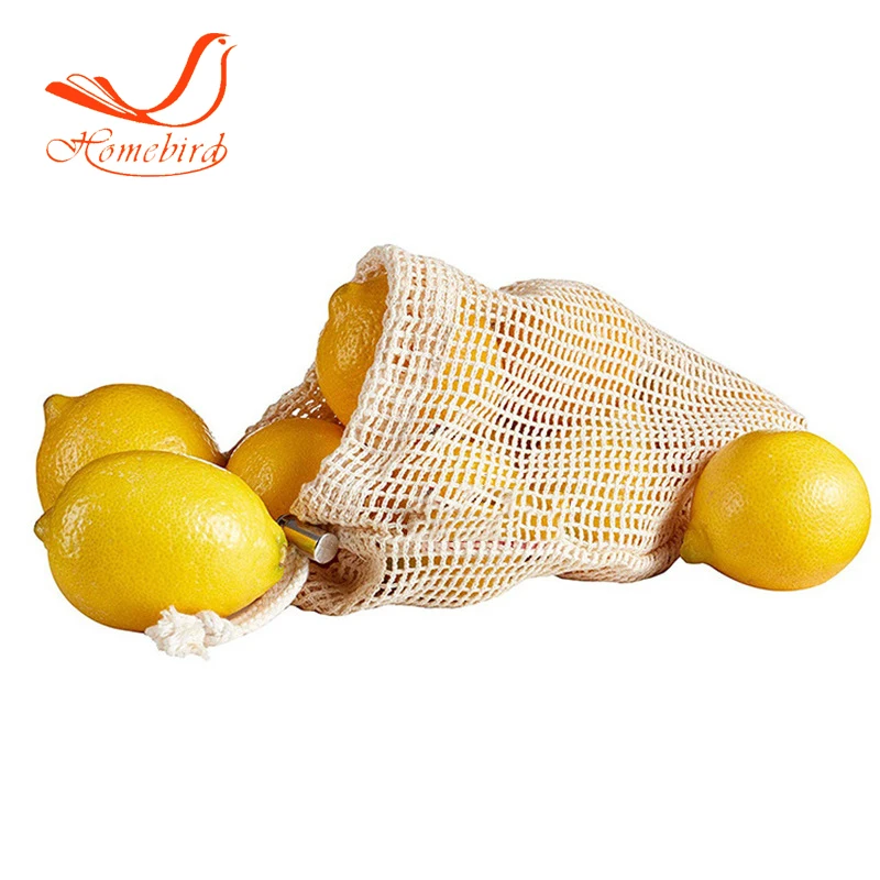  Reusable cotton mesh bag draw string storage for fruit and