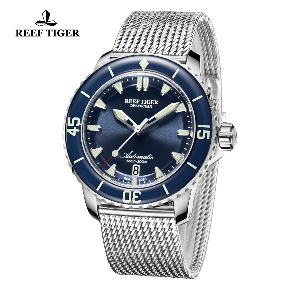 
Reef Tiger Top Brand Mens Mechanical Dive Watches Sapphire Crystal Bracelet Watches Blue Luminous Watch Waterproof RGA3035 