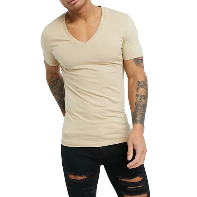 Men v-neck design 95 Cotton 5 Elastane short sleeve muscle fit beige t shirt