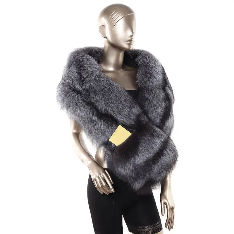 winter new fur cape with fluffy high fashion beautiful warm real sliver fox fur scarf shawl furry fur scarves for women