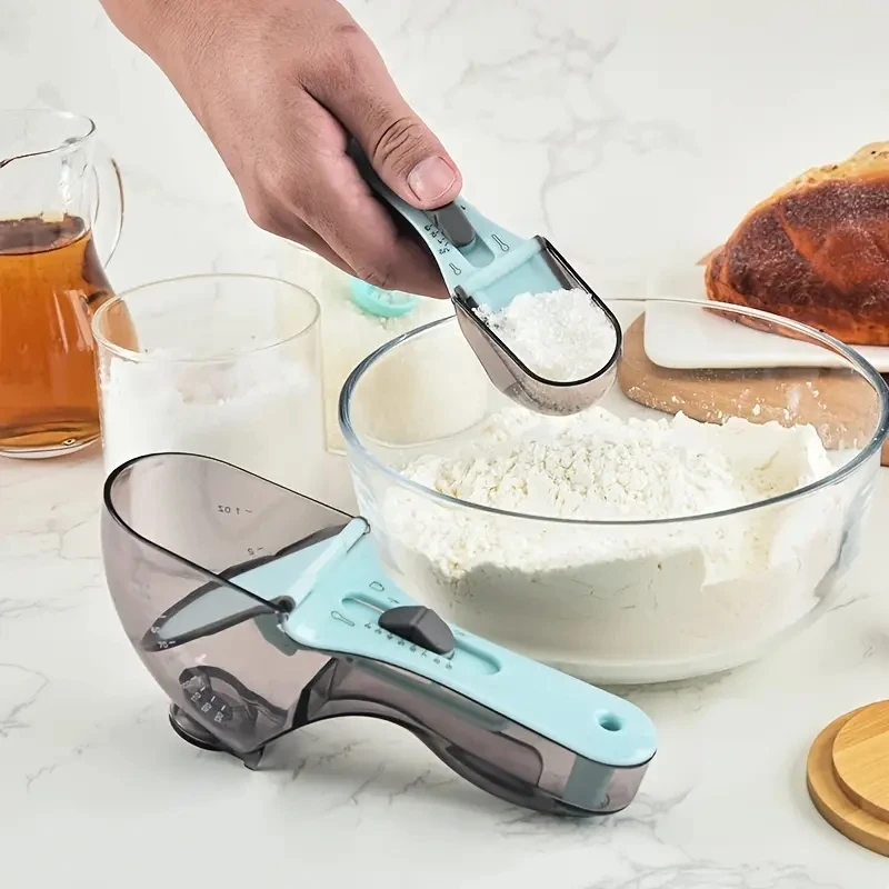 2pcs Adjustable Measuring Cups & Spoons - Magnetic Plastic Scoop for Dry Liquid Ingredients Kitchen Tools
