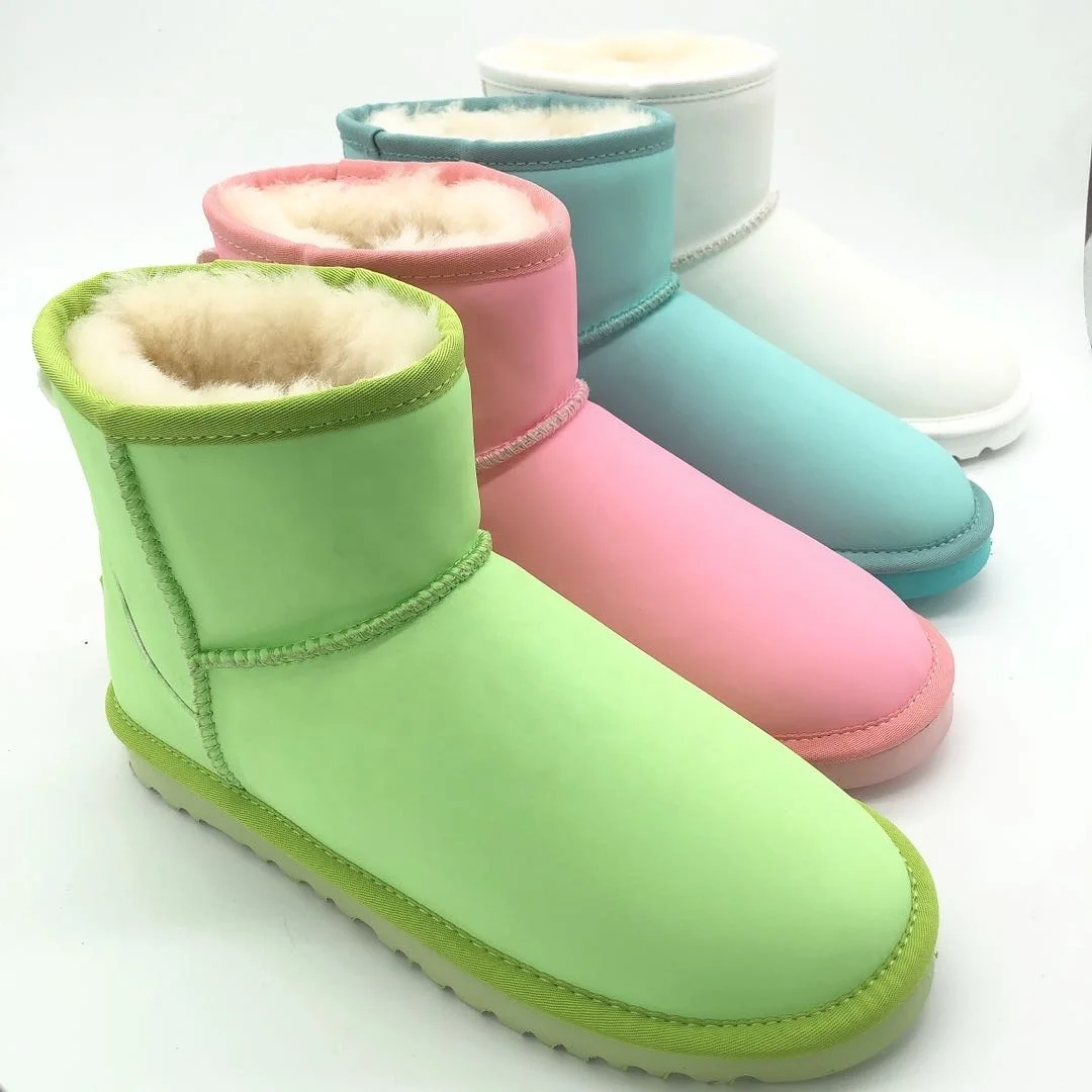 
2020 Autumn new arrival women waterproof real cow leather Macarons snow boots kid real wool fur Glow-in-the-dark boots 