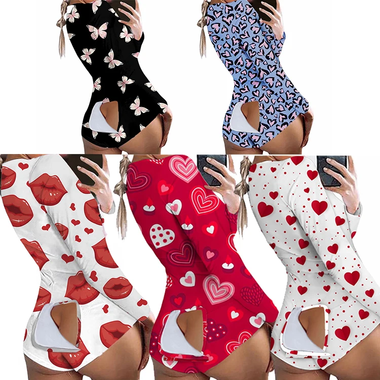 
valentine day theme printing close fitting sexy butt flap valentines onsies 