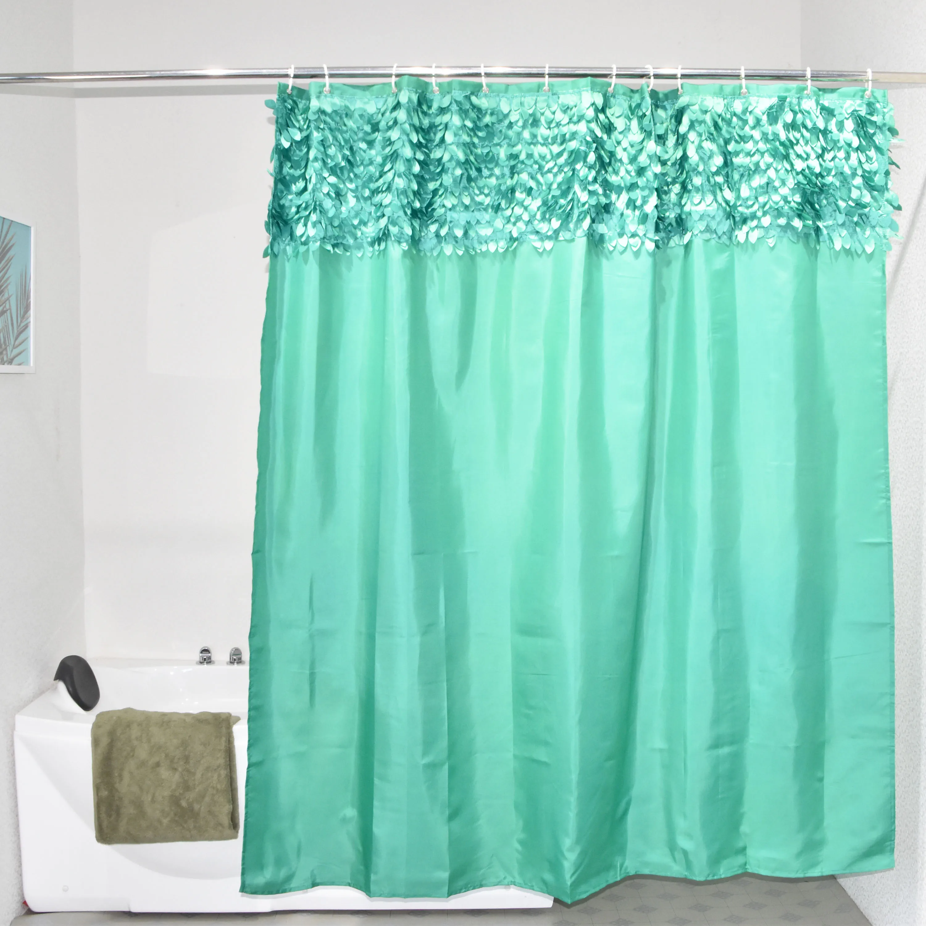 Modern Style 3D Leaves Decoration Green Bathroom Curtain WIth Valance