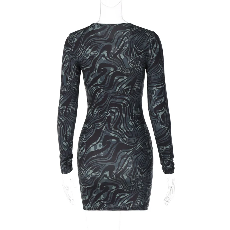 2023 Spring New Style Printed 3D Color Women Long Sleeve Sexy Mini Dress Bodycon Hollow Out
