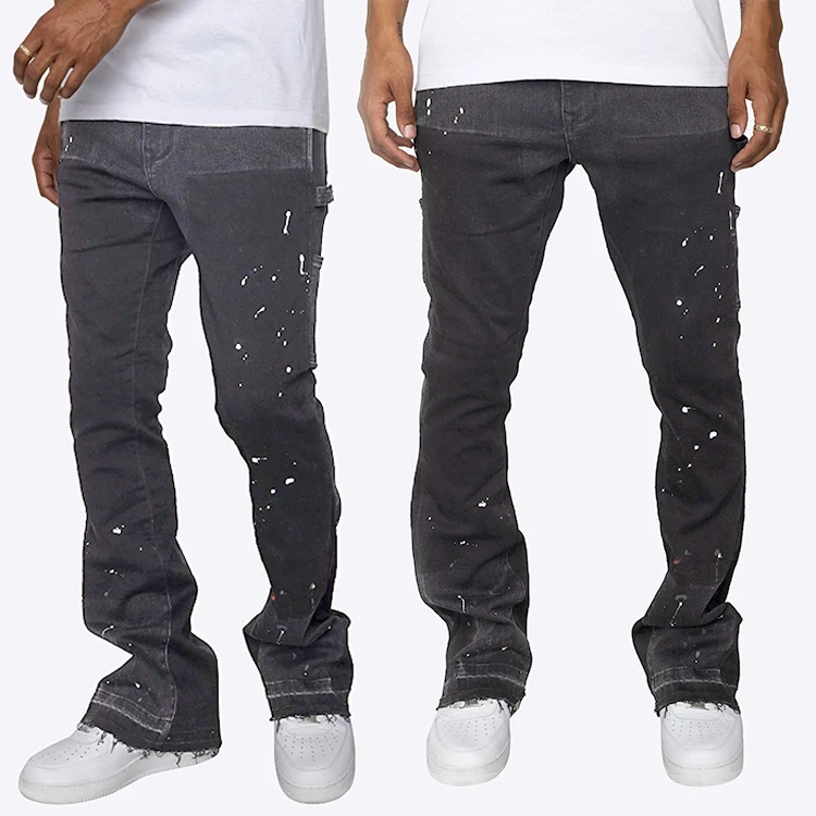 HL factory manufacture streetwear paint splash raw hem cut edge carpenter jeans custom heavyweight stacked jeans men flare