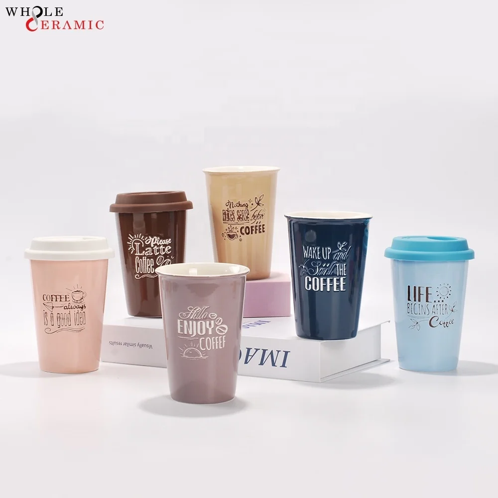 Factory Promotional Ceramic Travel Coffee Mug Cup Custom Logo No Handle with silicon lid For Coffee Shop