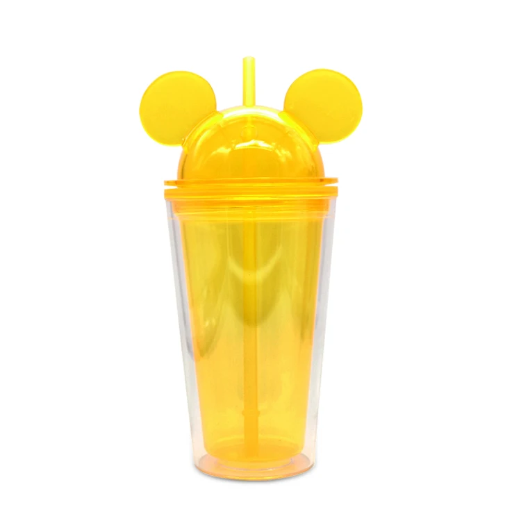 Wholesale new double wall acrylic cup BPA Free clear water 16oz plastic dome mouse ear cover cup with straw