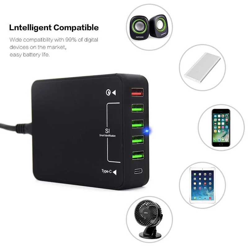 50W QC 3.0 Type C Desktop Charger 6-Port USB Charging Station Charger Hub Multiple USB Charger for Smartphone iPad Tablet