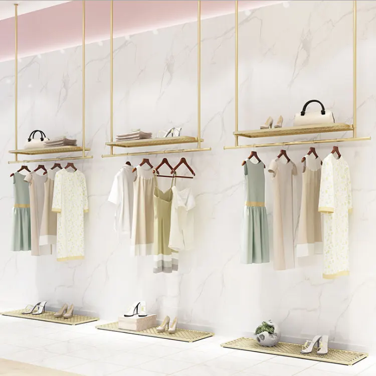 Simple Clothing Store Interior Design Customized Gold Metal Ceiling Mounted Display Racks Hanging Shelves