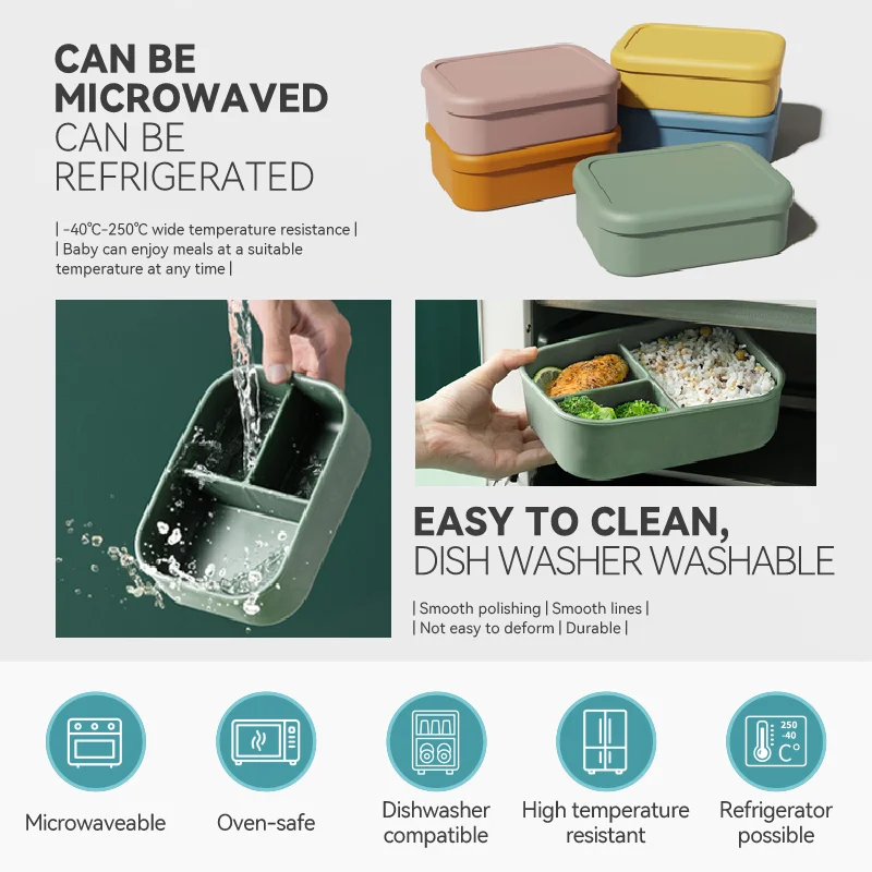 Hot Sale Foldable Food Storage Container Snack Box Bpa Free 3 Divider Lunch Bento Box Kitchen Silicone Lunch Boxes Sets For Kids