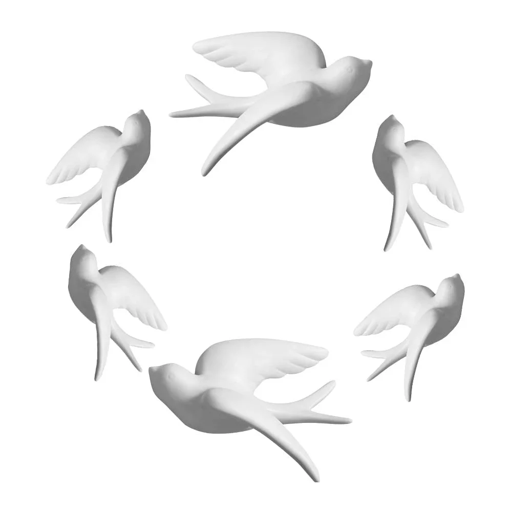 Set of 6 White Ceramic Sparrows Swallows Birds Wall Mounted  Hanging for Living room Garden Wall Sculptures Decor