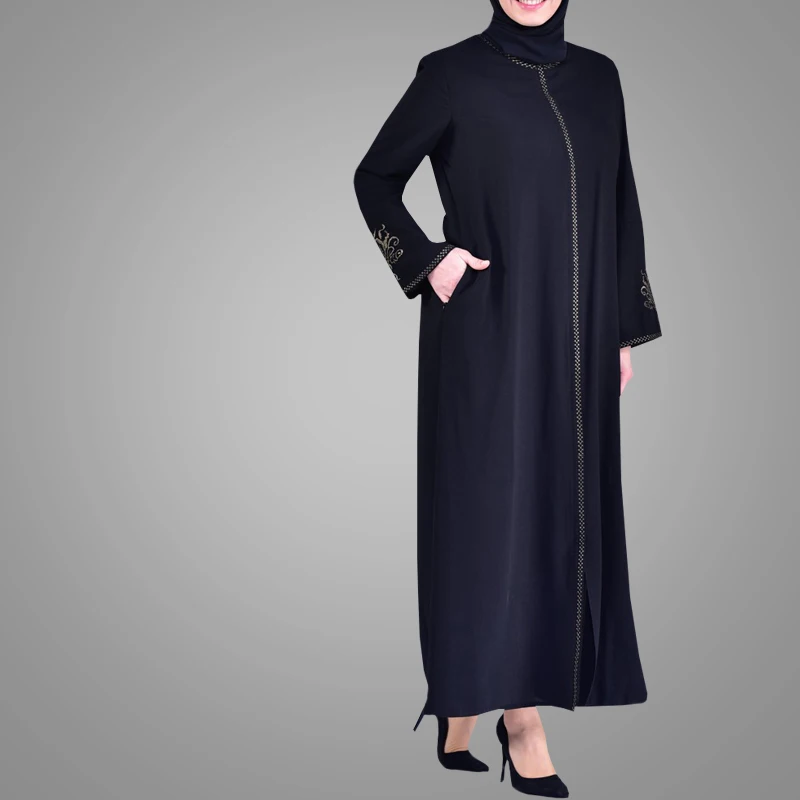 Повседневный кардиган на молнии с индийским дизайном, черная вышивка, макси-кафтан, мусульманское платье, открытая абайя, халат Jilbab