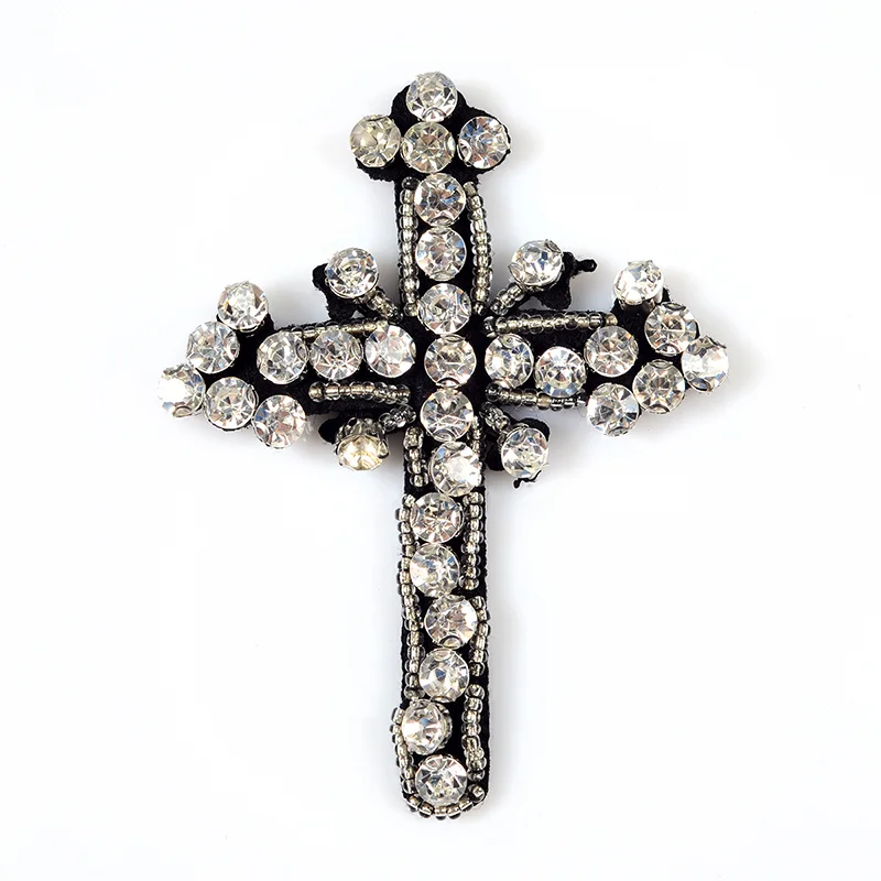 Custom Logo Crystal Design Stickers Embellished Silver Iron on Patch Embroidery Rhinestone Sequin Cross Patches