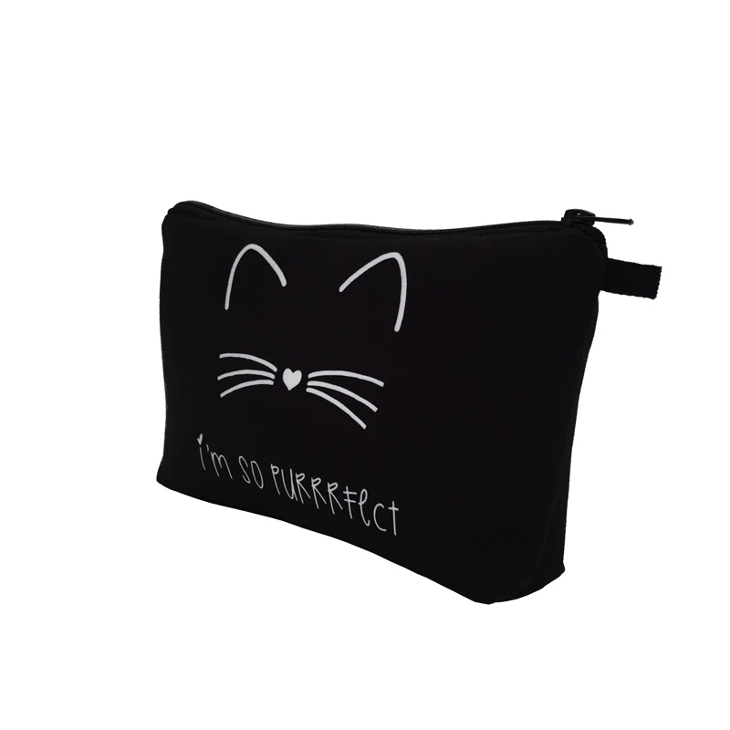Custom Logo Printed Black Cotton Canvas Cosmetic Case Eco-Friendly Reusable Small Zip Makeup Pouch Bag with Cartoon Pattern