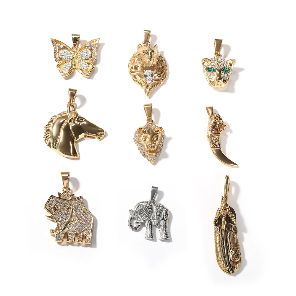 Bulk Wholesale Mix 18K Gold Plated Elephant Butterfly Lion Horse Leopard Head Animal Pendant Designs Jewelry For Men