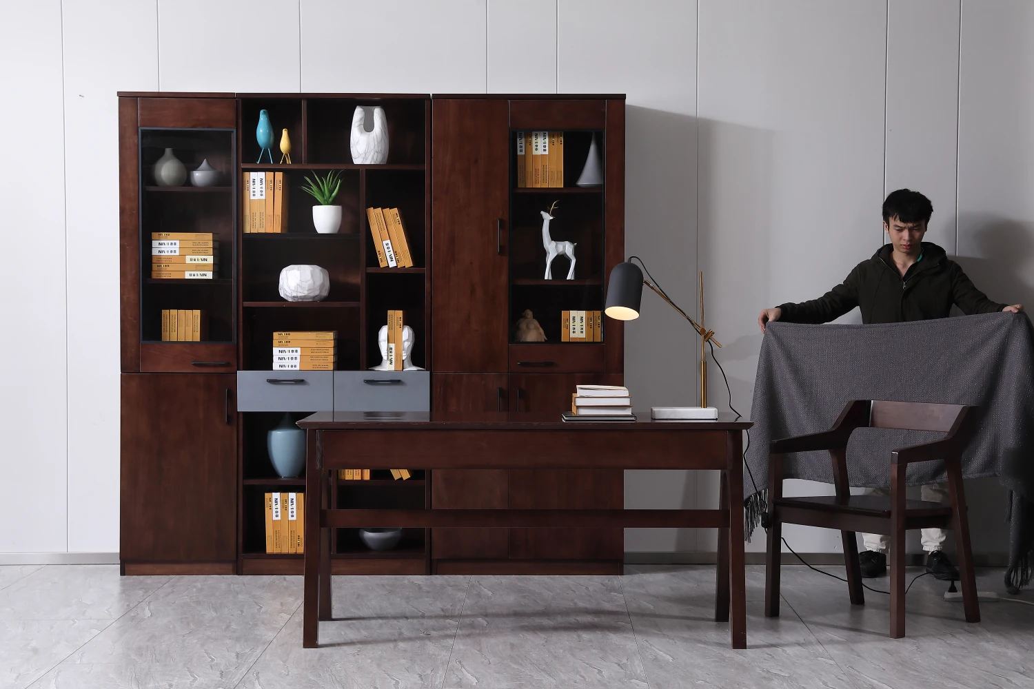 24 Years factory direct Germany style tall solid wood bookcase with drawer and door