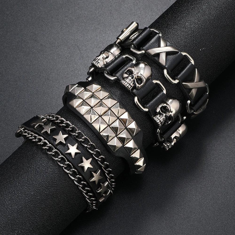 Wholesale hot selling Punk Rock chain bracelets men jewelry sets luxury leather men bracelet Personalized gift sets