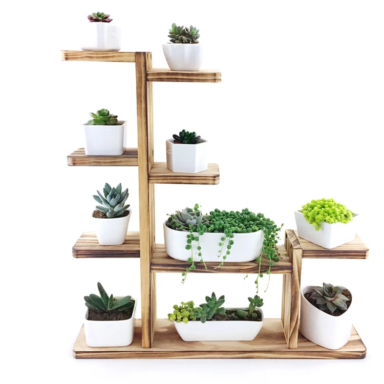 rustic wooden flower pot shelf wood rack for succulent home decor desk top organizer