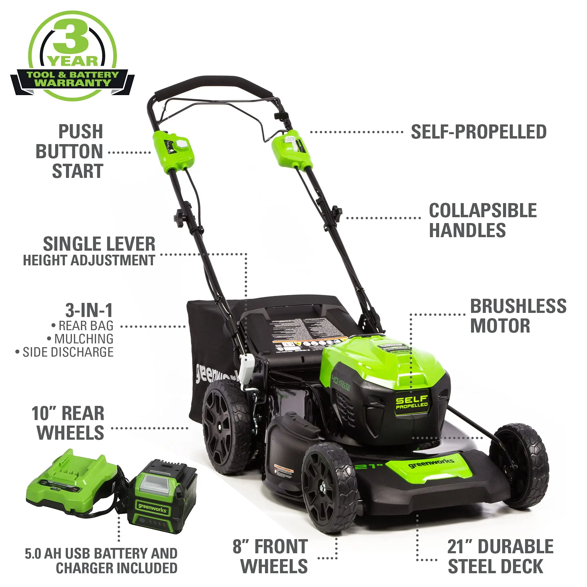 Greenworks 40V 21 Inch Cordless Brushless Self-Propelled Lawn Mower with 5.0Ah Battery and Charger