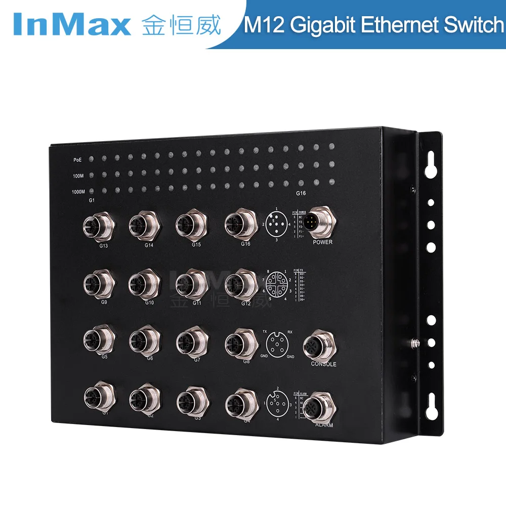
InMax Manufacturer 16 port A-code 8Pin 1000Mbps 48V Management Gigabit PoE M12 Railway Ethernet Switch 