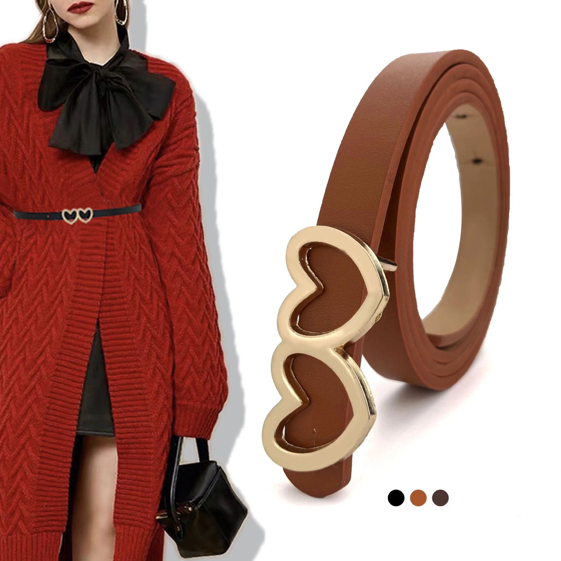 Wholesale Female Skinny Double Heart Buckle PU Leather Thin Belt for Dress Woman High Waist Belt Fashion Designer belt