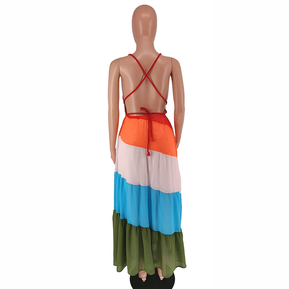 Wholesale Pleated Chiffon Dresses Elegant Lace Up Halter Maxi Dress Women Ladies Printed Sleeveless Casual Long Chiffon Dress