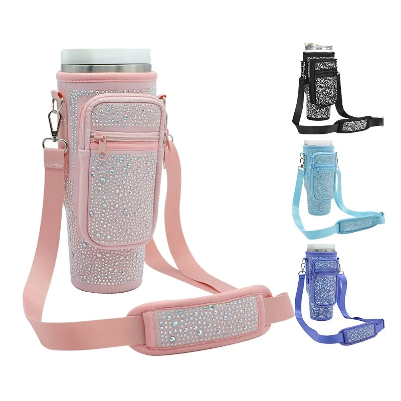 Zipper pouch neoprene 40oz bling rhinestone tumbler cup crossbody sling water bottle carrier bag with shoulder strap for stanley