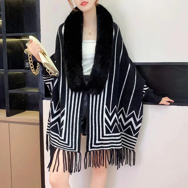 2023 Autumn Fashion lady ful collar elevated cape geometry cape knit warm noblewoman sweater shawl
