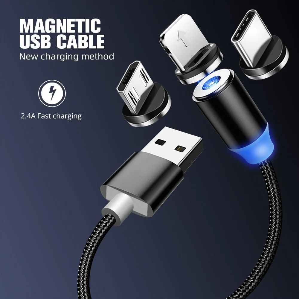 High Quality 3 In 1 Nylon Braided Glow Rotating Metal  Magnetic Cable 1M 3-In-1 Rotate Fast Charging Usb Cable Charger Cables