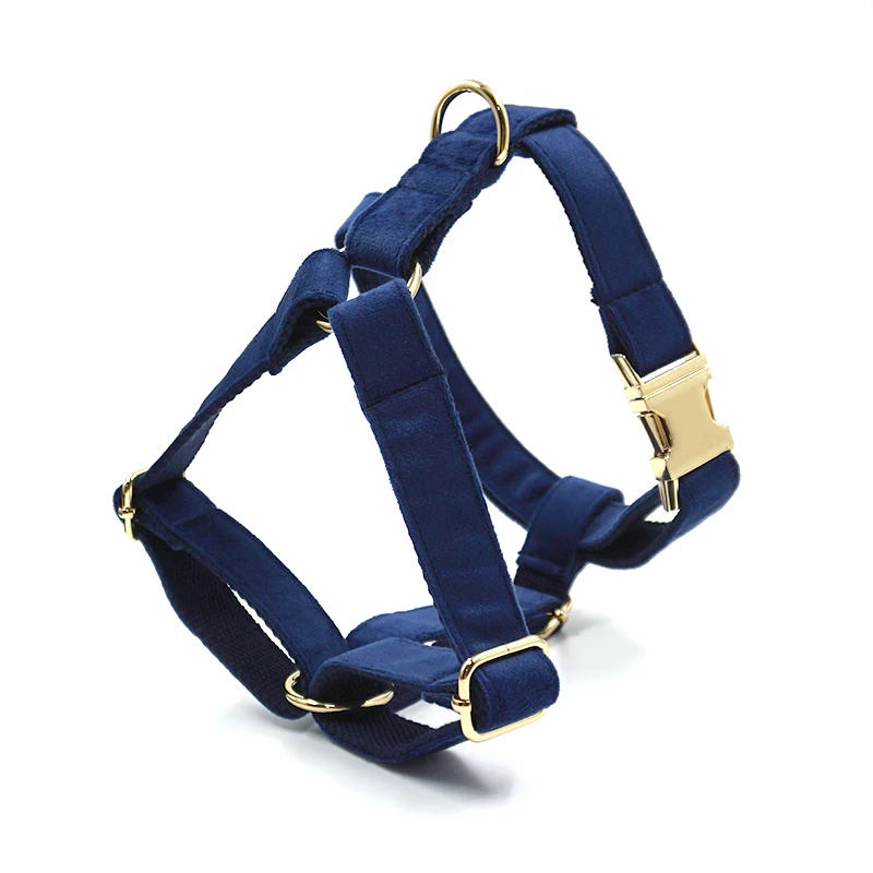 Heyri pet supplies step in dog harness soft blue velvet adjustable luxury dog harness and leash bow tie collar poo bag holder