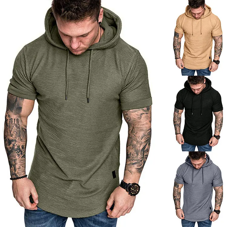 Slub Patched Curved Hem Mens Hooded Round Neck Bottom White Hemp Fiber Charcoal Hoodies Short Sleeve Bamboo Men Hoodies T-Shirt