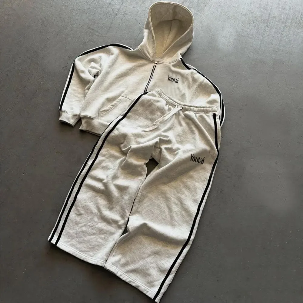 Manufacturers Custom Plain Black Side Stripe Flared Tracksuit  Heavyweight Zip Up Sweatpants And Hoodie Set For Men