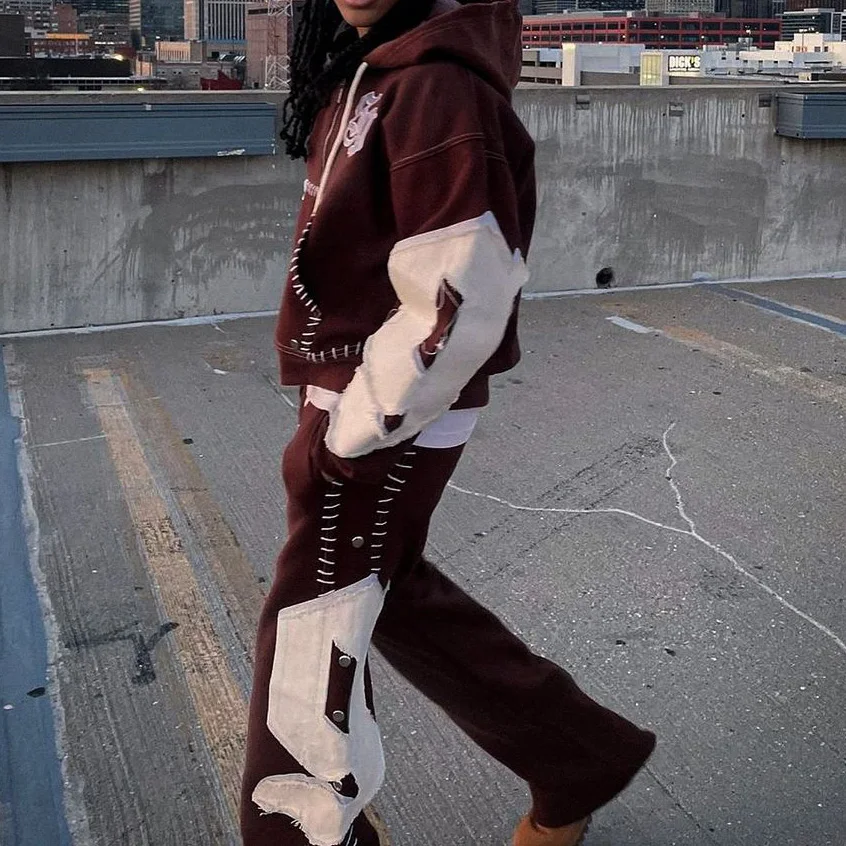 Heavyweight Vintage Flared Sweatpants Streetwear Jogging Distressed Embroidery Acid Wash Zip Up Hoodie And Jogger Set Tracksuit