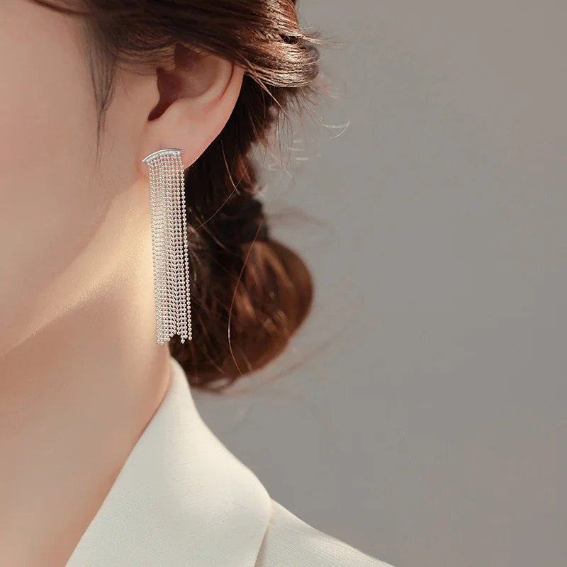 S925 Sterling Silver Jewelry White Gold Plated Zircon Dangling Long Tassel Stud Earrings For Women