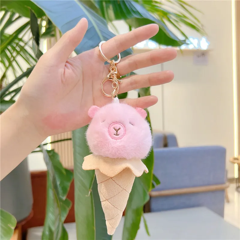 Creative 14CM Ice Cream Capybara Plush Dol keychain Toys Food Keychain kawaii Soft Stuffed plush toy Bag charm Pompom keychain