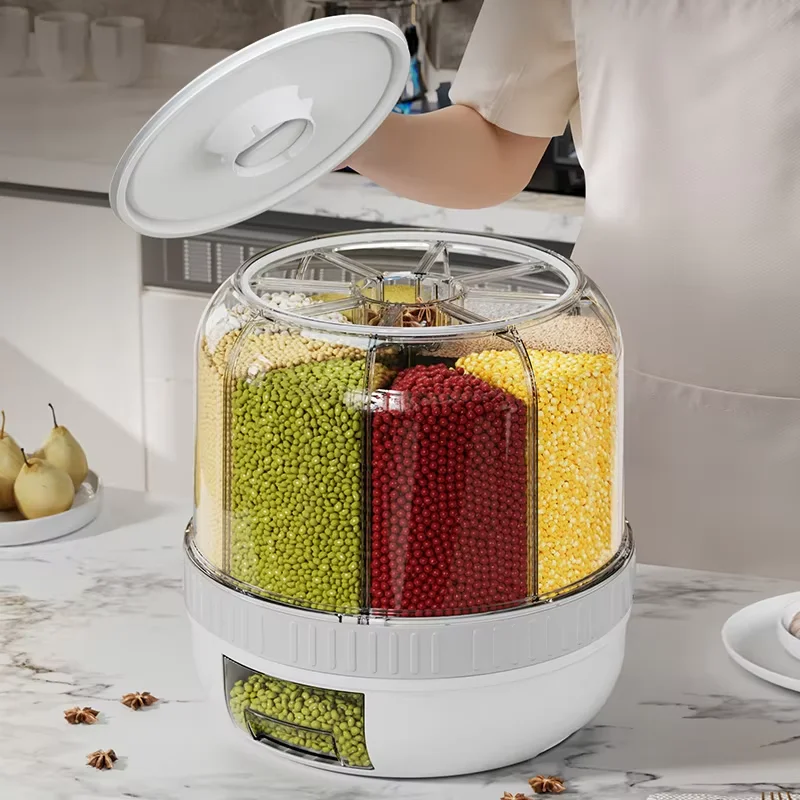 JUMEIJIA Kitchen Dry Food Grain Cereal Dispenser 6 Grid Automatic Rotating Rice Dispenser