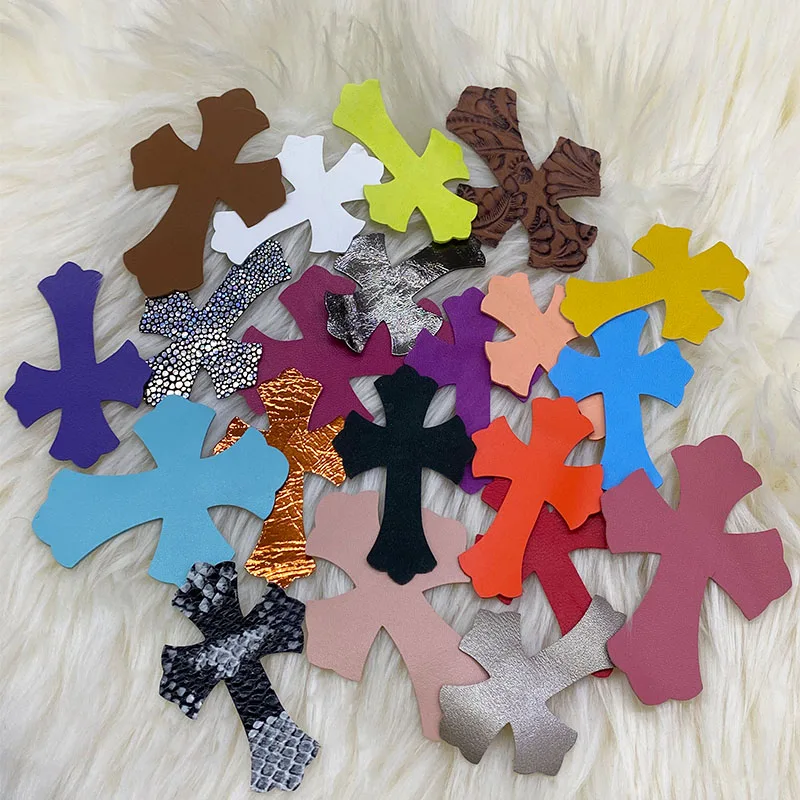 Sheepskin leather patch with cross shaped leather label Genuine leather DIY with multiple colors 5.5*7.8cm