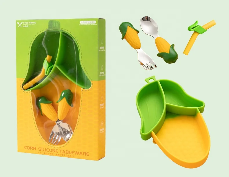 New Style Baby Feeding Tableware Box Set Gifts Baby Silicone Plate Spoon & Fork and Detachable Straw Set