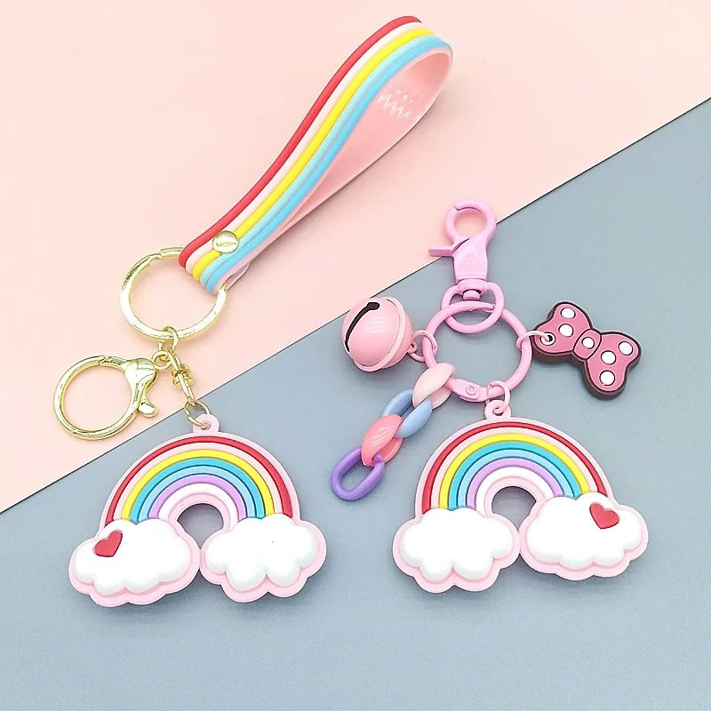 New Lovely Cute Rainbow Key Chain Silicone Strap Link Rope Tassel Bell Keychain for Women Girl Bag Children Backpack Accessories