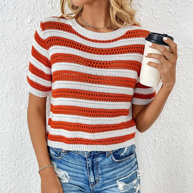 GIMILY Oem custom Pullover Knitted Crochet Sweater For women  Casual Round neck Crop Tops Striped patchwork short sleeved top