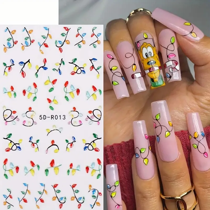 5D Christmas Neon Light Embossed Nail Art Decals Xmas Colorful 3D DIY Plastic Nail Stickers/Decals