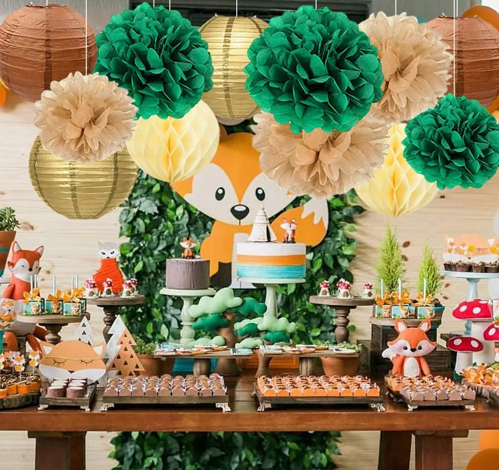 
Baby Shower Decorations for Boy or Girl Tissue Pom Poms Paper Lanterns Gender Neutral Woodland Animals Birthday Party Decoration 