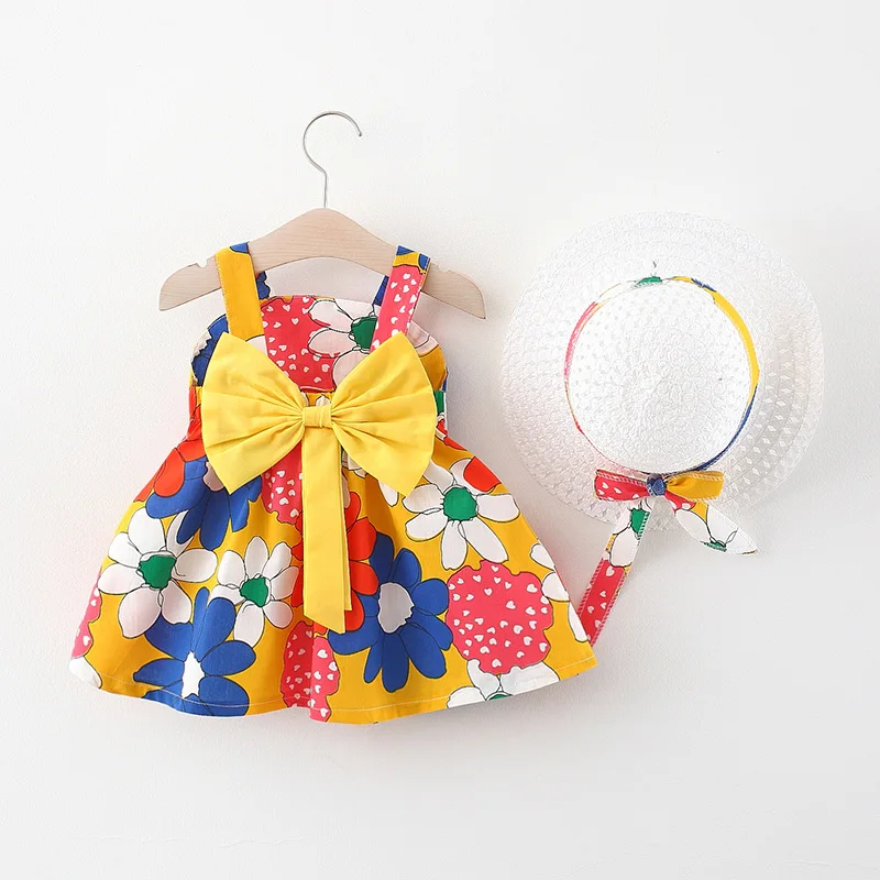 Summer new large flower petal halter straw hat skirt girl back bow dress send straw hat