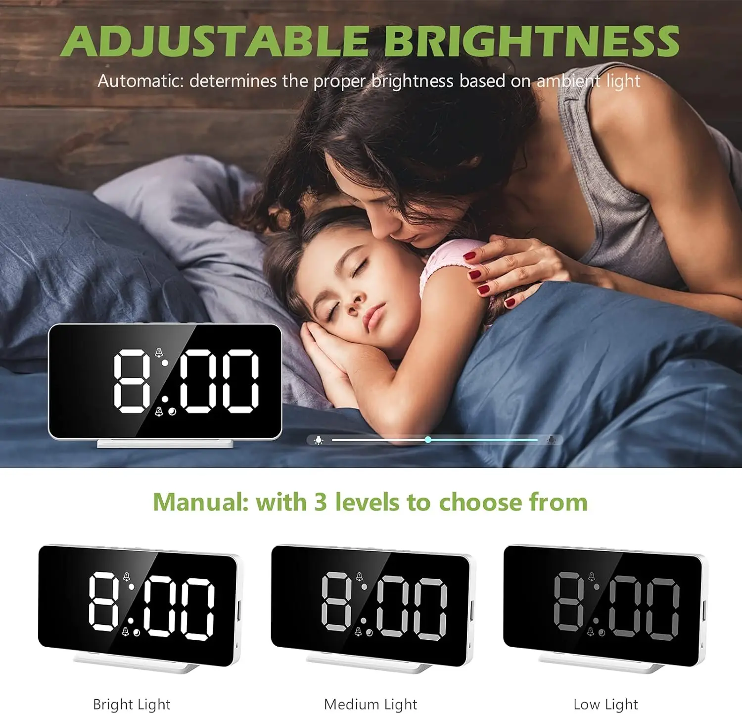USB Charging LED Mirror Digital Alarm Clock Snooze Table Clock Wake Up Mute Calendar Dimmable Electronic Desktop Clocks