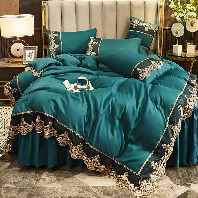 western luxury design korean princess style 4pcs wedding lace edges duvet cover bedsheet bedding set