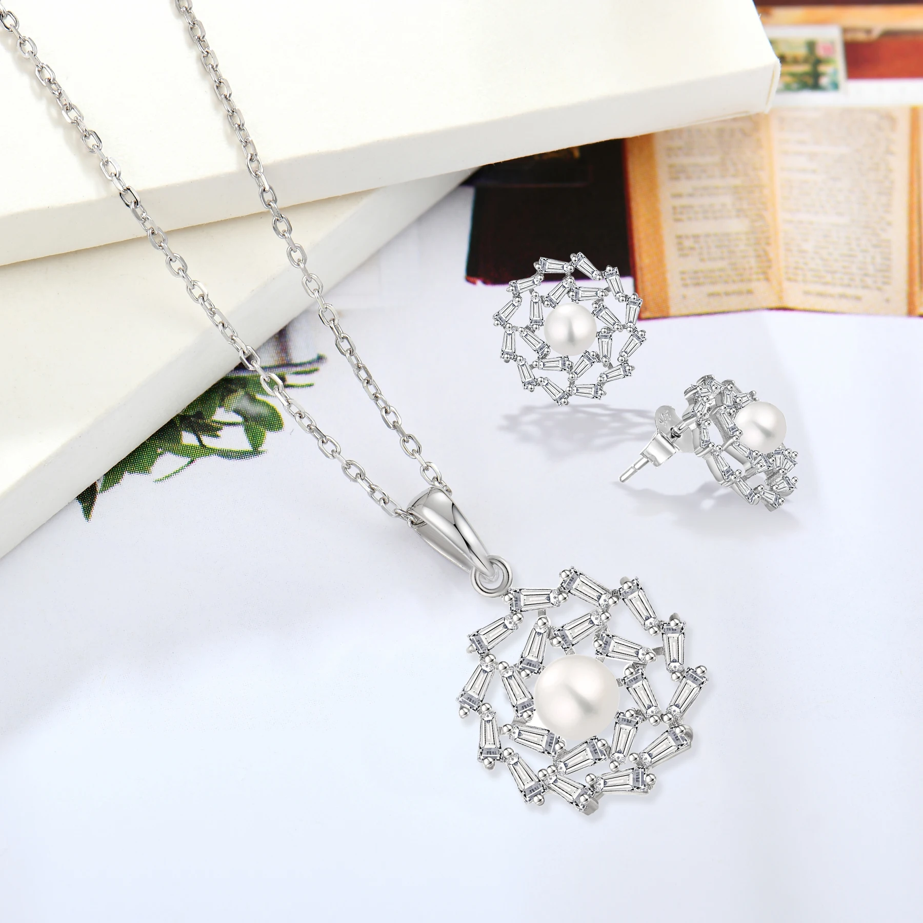 925 Sterling Silver Bead Necklace And Stud Earrings White Gold Plated With Zircon Jewelry Set Factory Price For Women Gifts