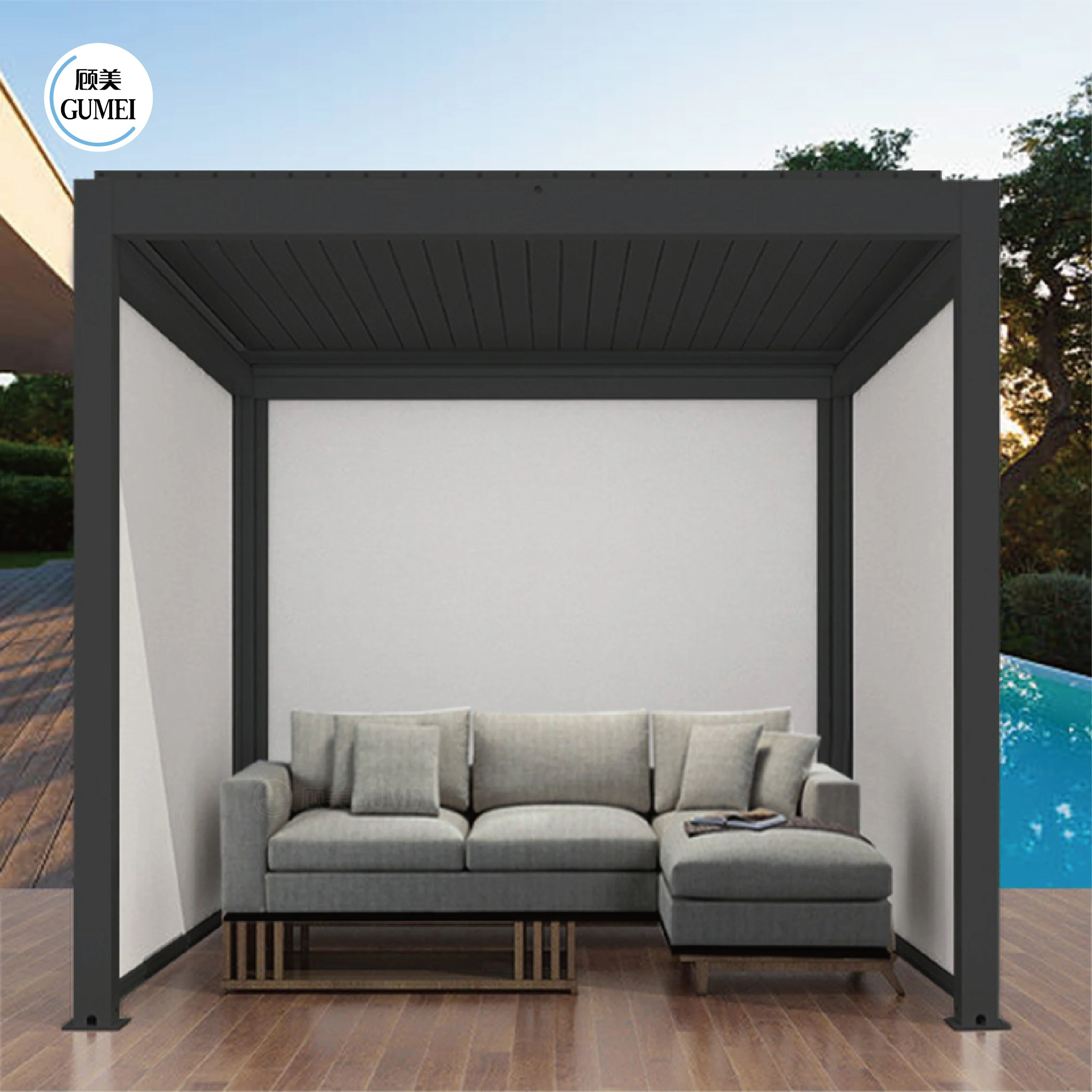 GumeiTec Garden Patio Louvred Roof Free Standing Design Automatic Pergola Covers Aluminium Deck Gazebo