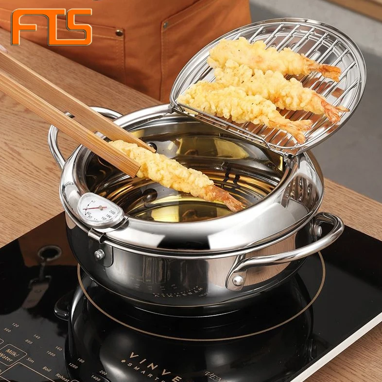 FTS deep frying pot with thermostst and basket around pan stainless steel japanese style multifunctional cookware deep fryer pot